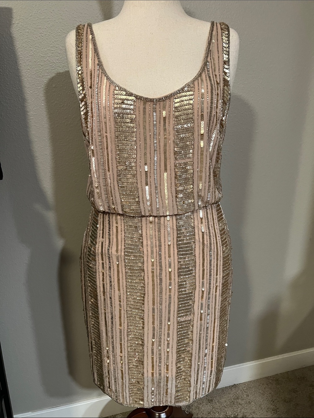 Aidan Mattox Blush and Gold Sequin-Striped Backless Cocktail Dress